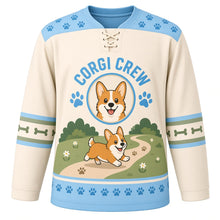 Load image into Gallery viewer, Happy Corgi Trails Original Hockey Jersey in Biscuit Cream, front view – smiling corgi trotting on a path with paw prints and corgi crest, custom name and number