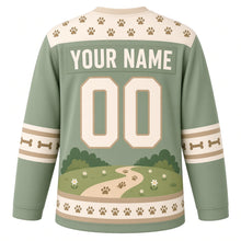 Load image into Gallery viewer, Happy Corgi Trails Original Hockey Jersey in Meadow Sage, back view with your name and number – paw-print yoke and bone-stripe sleeve bands