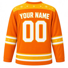 Load image into Gallery viewer, Happy Vibes Emotion Hockey Jersey in Tangerine Orange, back view with your name and number – sunny starburst yoke and yellow sleeve stripes