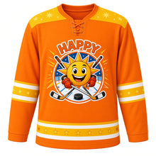 Load image into Gallery viewer, Happy Vibes Emotion Hockey Jersey in Tangerine Orange, front view – grinning sun mascot with starbursts and crossed hockey sticks, custom name and number