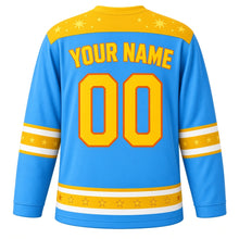 Load image into Gallery viewer, Happy Vibes Emotion Hockey Jersey in Sunny Sky Blue, back view with your name and number – sunny starburst yoke and yellow sleeve stripes