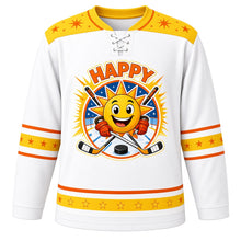 Load image into Gallery viewer, Happy Vibes Emotion Hockey Jersey in Daylight White, front view – grinning sun mascot with starbursts and crossed hockey sticks, custom name and number