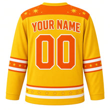Load image into Gallery viewer, Happy Vibes Emotion Hockey Jersey in Sunshine Yellow, back view with your name and number – sunny starburst yoke and yellow sleeve stripes