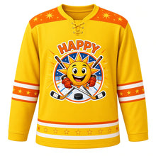 Load image into Gallery viewer, Happy Vibes Emotion Hockey Jersey in Sunshine Yellow, front view – grinning sun mascot with starbursts and crossed hockey sticks, custom name and number