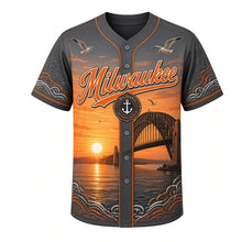 Load image into Gallery viewer, Harbor Bridge Sunrise Milwaukee Baseball Jersey in Graphite Gray, front view – steel arch bridge, freighters and gulls at sunrise, custom name and number