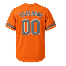 Load image into Gallery viewer, Harbor Bridge Sunrise Milwaukee Baseball Jersey in Sunrise Orange, back view with your name and number – rivet and wave patterned sleeves