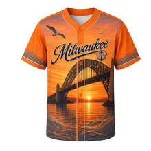 Load image into Gallery viewer, Harbor Bridge Sunrise Milwaukee Baseball Jersey in Sunrise Orange, front view – steel arch bridge, freighters and gulls at sunrise, custom name and number