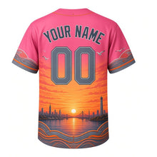 Load image into Gallery viewer, Harbor Bridge Sunrise Milwaukee Baseball Jersey in Dawn Rose, back view with your name and number – rivet and wave patterned sleeves