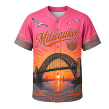 Load image into Gallery viewer, Harbor Bridge Sunrise Milwaukee Baseball Jersey in Dawn Rose, front view – steel arch bridge, freighters and gulls at sunrise, custom name and number