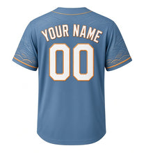 Load image into Gallery viewer, Harbor Bridge Sunrise Milwaukee Baseball Jersey in Steel Blue, back view with your name and number – rivet and wave patterned sleeves