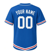 Load image into Gallery viewer, Harbor Crane Milwaukee Baseball Jersey in Harbor Lake Blue, back view with your name and number – custom block name and number with chevron-stripe sleeves