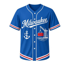 Load image into Gallery viewer, Harbor Crane Milwaukee Baseball Jersey in Harbor Lake Blue, front view – harbor cargo crane lifting a container graphic with anchor crest, custom name and number