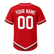 Load image into Gallery viewer, Harbor Crane Milwaukee Baseball Jersey in Crane Red, back view with your name and number – custom block name and number with chevron-stripe sleeves