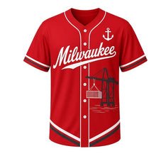 Load image into Gallery viewer, Harbor Crane Milwaukee Baseball Jersey in Crane Red, front view – harbor cargo crane lifting a container graphic with anchor crest, custom name and number