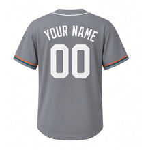 Load image into Gallery viewer, Harbor Crane Milwaukee Baseball Jersey in Dockside Steel Gray, back view with your name and number – custom block name and number with chevron-stripe sleeves