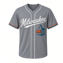 Load image into Gallery viewer, Harbor Crane Milwaukee Baseball Jersey in Dockside Steel Gray, front view – harbor cargo crane lifting a container graphic with anchor crest, custom name and number