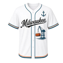 Load image into Gallery viewer, Harbor Crane Milwaukee Baseball Jersey in Harbor White, front view – harbor cargo crane lifting a container graphic with anchor crest, custom name and number