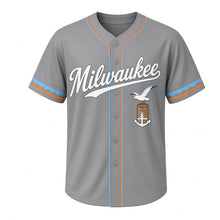 Load image into Gallery viewer, Harbor Seagull Milwaukee Baseball Jersey in Pier Gray, front view – seagull in flight over a pier post graphic with anchor crest, custom name and number