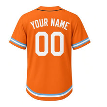 Load image into Gallery viewer, Harbor Seagull Milwaukee Baseball Jersey in Buoy Orange, back view with your name and number – custom block name and number with chevron-stripe sleeves