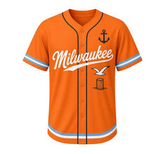 Load image into Gallery viewer, Harbor Seagull Milwaukee Baseball Jersey in Buoy Orange, front view – seagull in flight over a pier post graphic with anchor crest, custom name and number