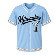 Load image into Gallery viewer, Harbor Seagull Milwaukee Baseball Jersey in Lake Sky Blue, front view – seagull in flight over a pier post graphic with anchor crest, custom name and number