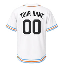 Load image into Gallery viewer, Harbor Seagull Milwaukee Baseball Jersey in Gull White, back view with your name and number – custom block name and number with chevron-stripe sleeves
