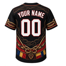 Load image into Gallery viewer, Harbor Tugboat Milwaukee Baseball Jersey in Anchor Black, back view with your name and number – rope-braid sleeves and nautical hem
