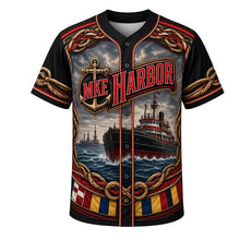 Load image into Gallery viewer, Harbor Tugboat Milwaukee Baseball Jersey in Anchor Black, front view – tugboat guiding a freighter with rope and nautical patterns, custom name and number