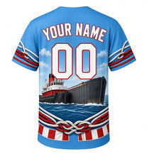 Load image into Gallery viewer, Harbor Tugboat Milwaukee Baseball Jersey in Harbor Blue, back view with your name and number – rope-braid sleeves and nautical hem