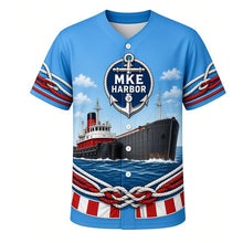 Load image into Gallery viewer, Harbor Tugboat Milwaukee Baseball Jersey in Harbor Blue, front view – tugboat guiding a freighter with rope and nautical patterns, custom name and number