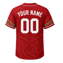 Load image into Gallery viewer, Harbor Tugboat Milwaukee Baseball Jersey in Tugboat Red, back view with your name and number – rope-braid sleeves and nautical hem