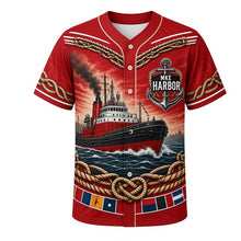 Load image into Gallery viewer, Harbor Tugboat Milwaukee Baseball Jersey in Tugboat Red, front view – tugboat guiding a freighter with rope and nautical patterns, custom name and number