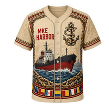 Load image into Gallery viewer, Harbor Tugboat Milwaukee Baseball Jersey in Manila Rope Tan, front view – tugboat guiding a freighter with rope and nautical patterns, custom name and number