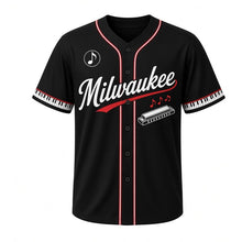 Load image into Gallery viewer, Harmonica Blues Milwaukee Baseball Jersey in Late Set Black, front view – silver harmonica with musical notes graphic, custom name and number