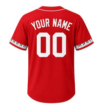 Load image into Gallery viewer, Harmonica Blues Milwaukee Baseball Jersey in Blues Red, back view with your name and number – custom block name and number with piano-key sleeves