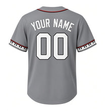 Load image into Gallery viewer, Harmonica Blues Milwaukee Baseball Jersey in Chrome Steel Gray, back view with your name and number – custom block name and number with piano-key sleeves