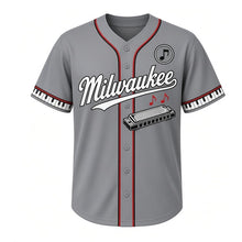 Load image into Gallery viewer, Harmonica Blues Milwaukee Baseball Jersey in Chrome Steel Gray, front view – silver harmonica with musical notes graphic, custom name and number