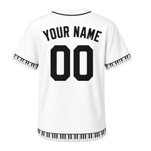 Load image into Gallery viewer, Harmonica Blues Milwaukee Baseball Jersey in Juke Joint White, back view with your name and number – custom block name and number with piano-key sleeves