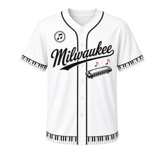 Load image into Gallery viewer, Harmonica Blues Milwaukee Baseball Jersey in Juke Joint White, front view – silver harmonica with musical notes graphic, custom name and number
