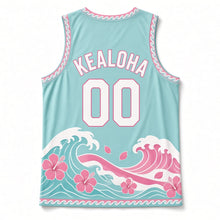Load image into Gallery viewer, Hawaii Hibiscus Surf Original Basketball Jersey in Lagoon Aqua, back view with your name and number