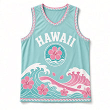 Load image into Gallery viewer, Hawaii Hibiscus Surf Original Basketball Jersey in Lagoon Aqua, front view – custom name and number