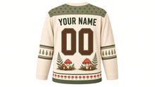 Load image into Gallery viewer, Hedgehog Mushroom Forest Original Hockey Jersey in Toadstool Cream, back view with your name and number – acorn-dot yoke and fern-frond sleeve bands