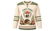 Load image into Gallery viewer, Hedgehog Mushroom Forest Original Hockey Jersey in Toadstool Cream, front view – little hedgehog among spotted toadstools and ferns with hedgehog crest, custom name and number