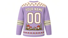 Load image into Gallery viewer, Hedgehog Mushroom Forest Original Hockey Jersey in Dusk Lilac, back view with your name and number – acorn-dot yoke and fern-frond sleeve bands