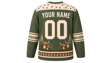 Load image into Gallery viewer, Hedgehog Mushroom Forest Original Hockey Jersey in Mossy Green, back view with your name and number – acorn-dot yoke and fern-frond sleeve bands