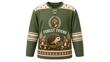 Load image into Gallery viewer, Hedgehog Mushroom Forest Original Hockey Jersey in Mossy Green, front view – little hedgehog among spotted toadstools and ferns with hedgehog crest, custom name and number
