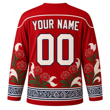 Load image into Gallery viewer, Heilala Festival Original Hockey Jersey in Heilala Red, back view with custom YOUR NAME and 00
