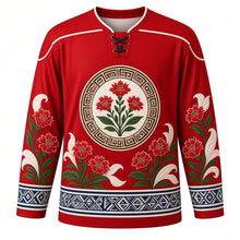 Load image into Gallery viewer, Heilala Festival Original Hockey Jersey in Heilala Red, front view with themed artwork and clean crest