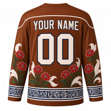 Load image into Gallery viewer, Heilala Festival Original Hockey Jersey in Ngatu Brown, back view with custom YOUR NAME and 00