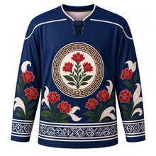 Load image into Gallery viewer, Heilala Festival Original Hockey Jersey in Pacific Navy, front view with themed artwork and clean crest
